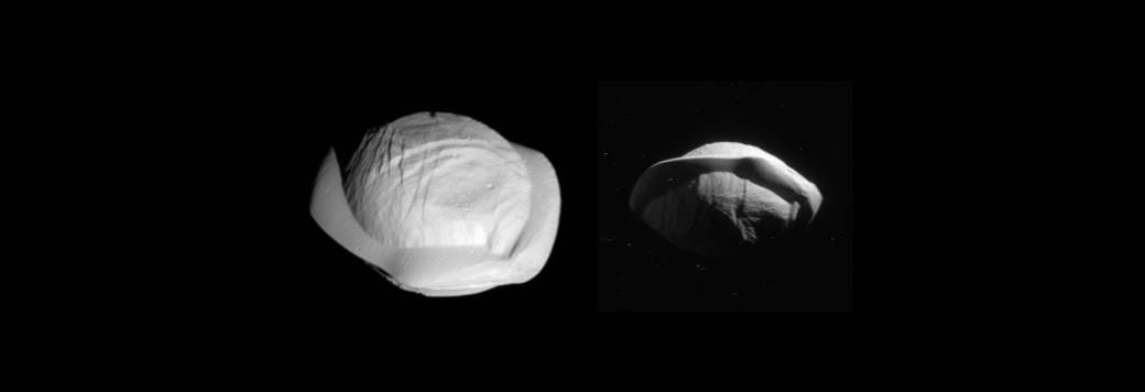 These two images from NASA's Cassini spacecraft show how the spacecraft's perspective changed during its closest pass by Saturn's Pan moon at a distance of 15,300 miles (24,600 kilometers) on March 7, 2017. nasa, Cassini, spacecraft, Saturn, Pan, moon,