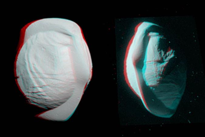 These stereo views, or anaglyphs, highlight the unusual, quirky shape of Saturn's moon Pan. They appear three-dimensional when viewed through red-blue glasses with the red lens on the left. Saturn, Pan, moon, Cassini, spacecraft, space,