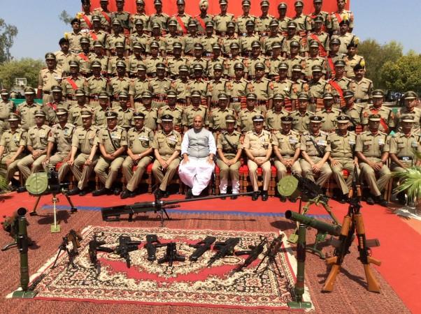 In picture: Union Home Minister Rajnath Singh with the latest batch of BSF Assistant Commandants, including the first BSF woman field officer Tanushree Pareek, on Saturday, March 25, 2017. Rajnath Singh
