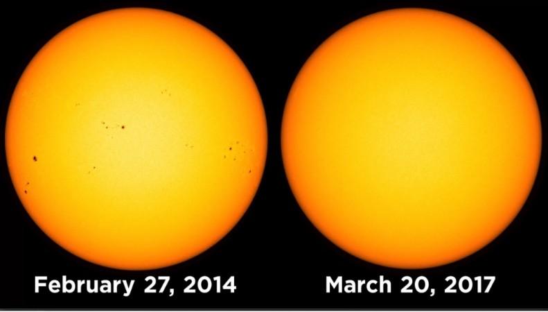 This side-by-side animation shows sunspots on the sun on Feb. 27, 2014 (left) and the sunspot-less day of March 20, 2017 as seen by NASA's Solar Dynamics Observatory. nasa, Sun, space,