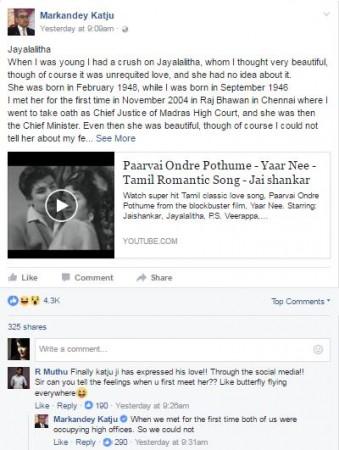 Justice Markandey Katju's Facebook post Markandey Katju's Facebook post