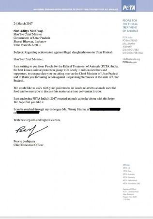 PETA's letter to UP CM on shutting down of illegal slaughter houses PETA's letter to UP CM on shutting down of illegal slaughter houses