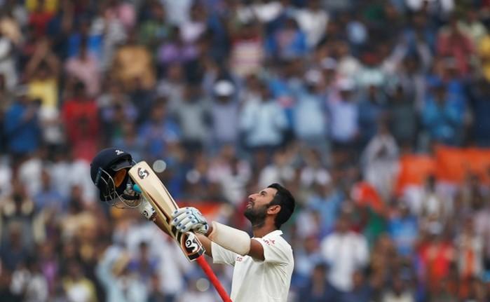 Cheteshwar Pujara celebrates his double century in Ranchi, March 19, 2017 Cheteshwar Pujara, India, Australia, third Test, double hundred