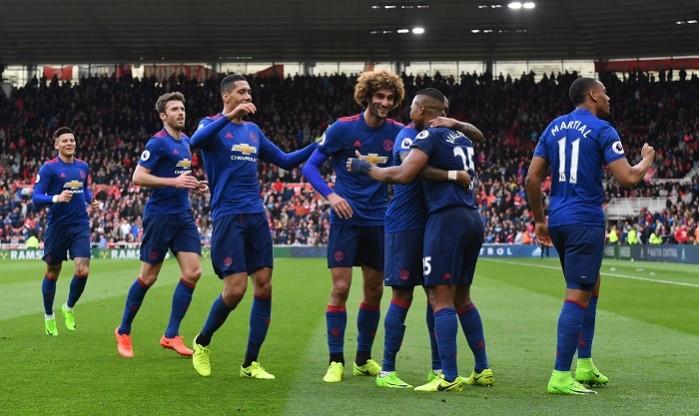 Manchester United players celebrate a goal against Middlesbrough, March 19, 2017 Manchester United, Antonio Valencia, Marouane Fellaini, EPL, Middlesbrough