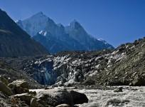 Gomukh, terminus of the Gangotri glacier. The Bhagirathi peaks rise in the background.