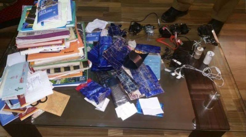 In picture: Chargers, earphones and other cellphone-related paraphernalia seized during the Baramulla Sub Jail search. Mobile phone paraphernalia
