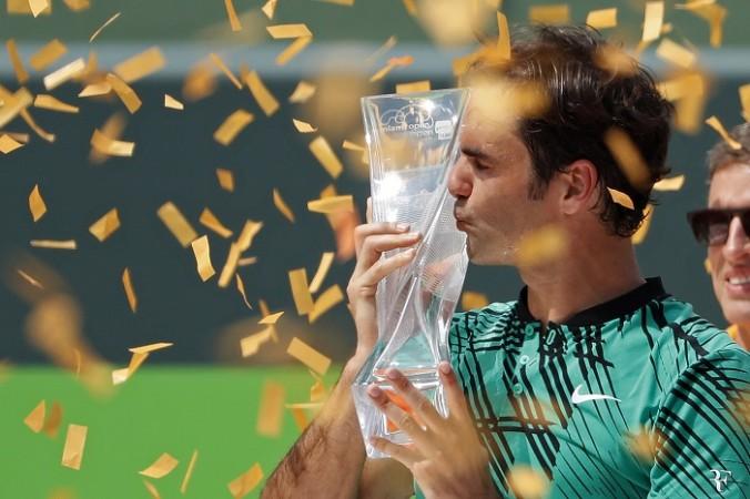 Roger Federer with the Miami Open trophy, after getting the better of Rafael Nadal in the final, April 2, 2017 Roger Federer, Rafael Nadal, Miami Open, final, trophy