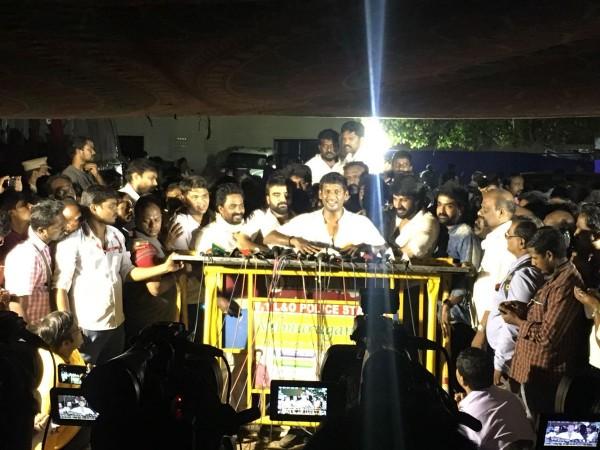 Vishal addressing media after his win at Producers' Council elections. Vishal