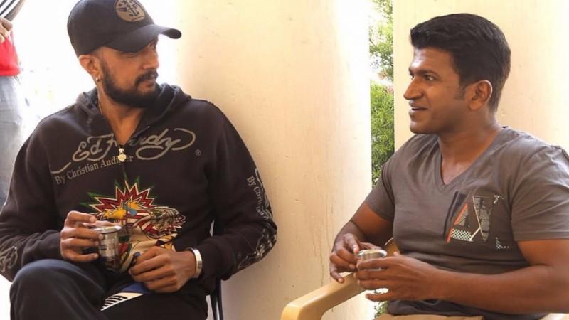 Sudeep with Rajkumar at Raajakumara sets. Sudeep with Puneeth Rajkumar