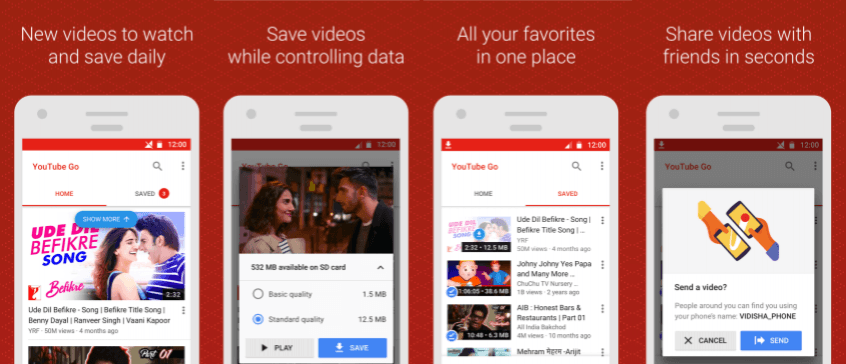 YouTube Go app features trending and popular videos based on the user's area. YouTube Go