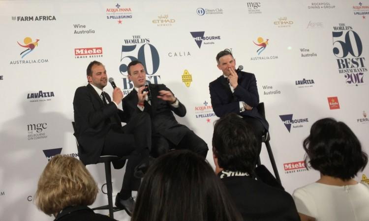 Co-owners of the restaurant Eleven Madison Park Daniel Humm (L) and Will Guidara (C) talk at a press conference during the 50 Best Restaurants awards in Melbourne, Australia New York's Eleven Madison Park restaurant co-owners