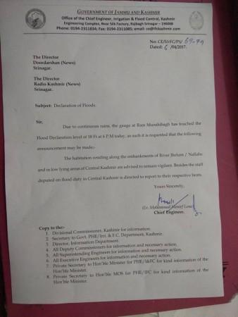 Press release by the Department of Irrigation and Flood Control Kashmir Flood