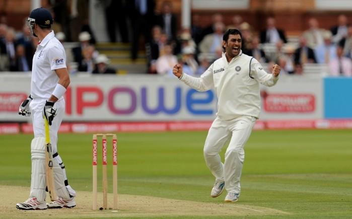 MS Dhoni celebrates the wicket of Kevin Pietersen in the 2011 Test match at Lord's. The decision was overturned on review MS Dhoni, India, Kevin Pietersen, England, Lord's