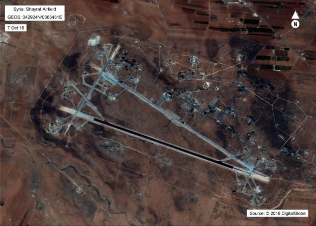 Shayrat Airfield in Homs, Syria is seen in this DigitalGlobe satellite image US airstrikes site