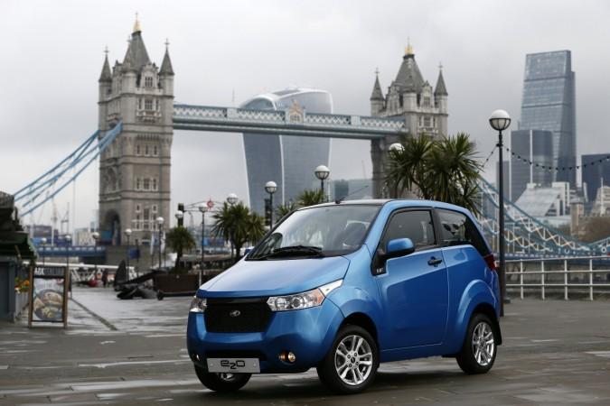 A Mahindra e2o electric car is seen during its launch in London, Britain April 15, 2016. mahindra electric cars, mahindra evs, mahindra car sales, ola, ola ceo bhavish, anand mahindra, lithium urban technologies