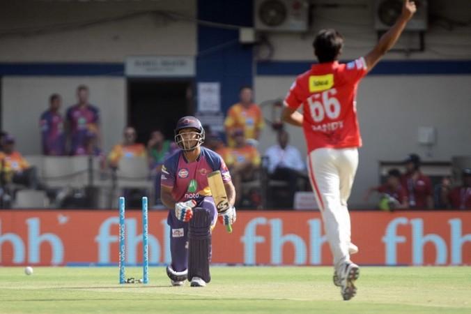 Sandeep Sharma celebrates after castling Mayank Agarwal, April 8, 2017 Sandeep Sharma, Kings XI Punjab, Mayank Agarwal, RPS, IPL 2017