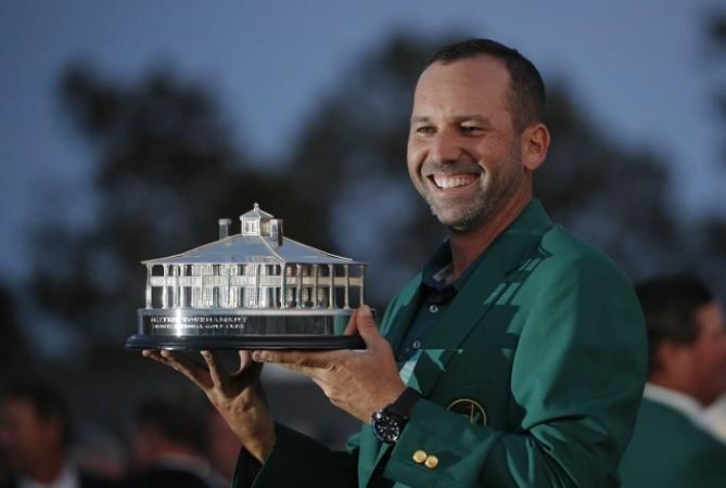 Sergio Garcia is happy as can be after clinching the Masters title. April 9, 2017 Sergio Garcia, Masters 2017, trophy, Green Jacket, Justin Rose