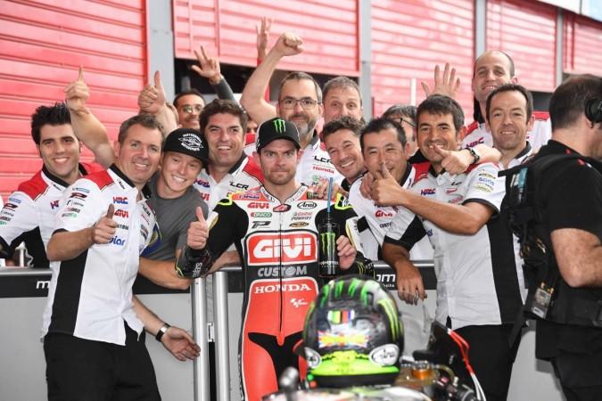 LCR Honda's Cal Crutchlow celebrating with his team Cal Crutchlow