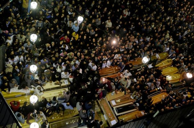 Coffins are seen inside the Coptic church that was bombed on Sunday, in Tanta, Egypt, April 9, 2017. egypt church attack