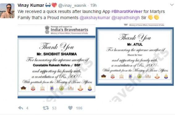 Akshay Kumar takes to Twitter to thank people for contributing for the CRPF martyrs. Akshay Kumar's Bharat ke Veer website