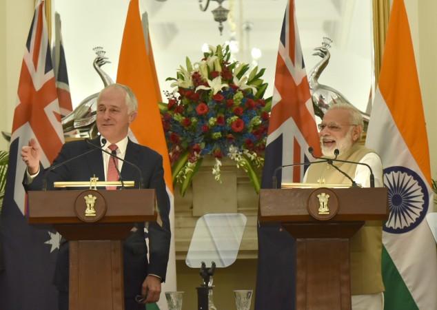 Prime Minister Narendra Modi (right) and Australian Prime Minister Malcolm Turnbull at the joint press statement, at Hyderabad House, in New Delhi on April 10, 2017. malcolm turnbull, PM Modi