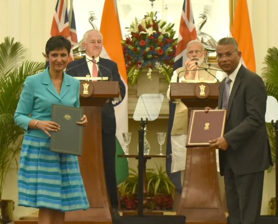 Prime Minister, Narendra Modi and the Prime Minister of Australia, Mr. Malcolm Turnbull witnessing the exchange of MoUs between the two nations, at Hyderabad House, in New Delhi on April 10, 2017. india australia relations