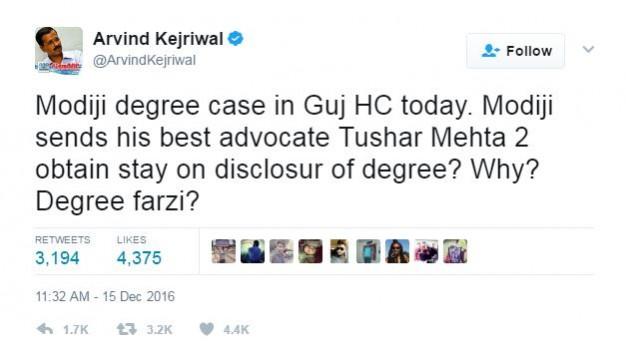 The tweet from Arvind Kejriwal. Kejriwal tweet