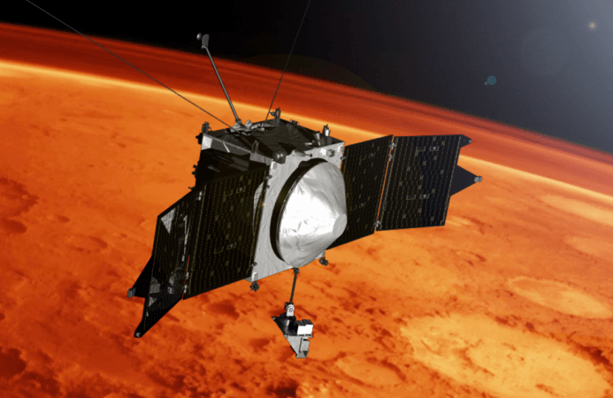 This artist concept shows the MAVEN spacecraft and the limb of Mars. nasa, Mars, Red Planet, MAVEN, space,