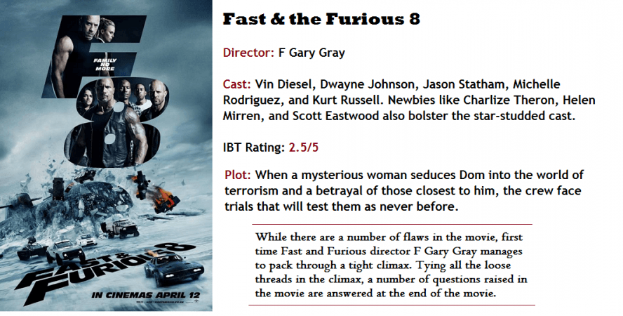 The Fate Of The Furious': Review, Reviews