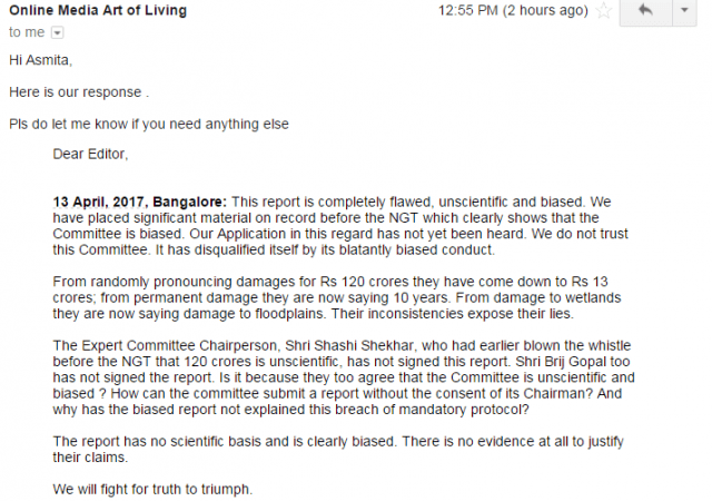 The Art of Living Foundation's response to IBT India on damage to the Yamuna floodplains matter. art of living foundation, yamuna floodplains