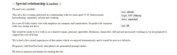 Here's an example of the weird advertisements being posted on the website Craiglist, which directly or indirectly ask the tenant to pay rent in the form of sex sex, rent, Craiglist, London