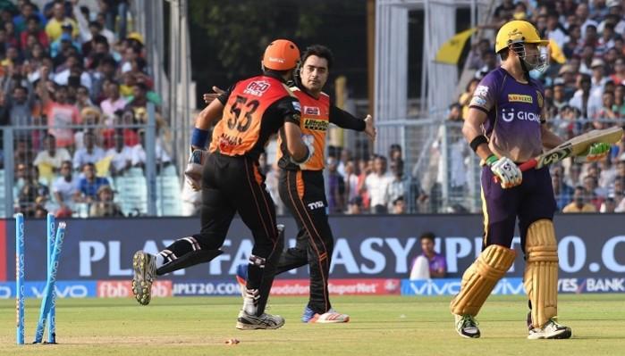 Rashid Khan celebrates after castling Gautam Gambhir, April 15, 2017 Rashid Khan, SRH, Gautam Gambhir, KKR, IPL 2017