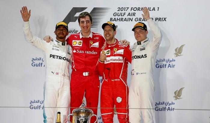 Lewis Hamilton, Matteo Togninalli, Sebastian Vettel and Valtteri Bottas. 2017 Formula one season, Formula one news, Lewis Hamilton, Valtteri Bottas, Sebastian Vettel, 2017 Bahrain Grand Prix, Mercedes, Ferrari