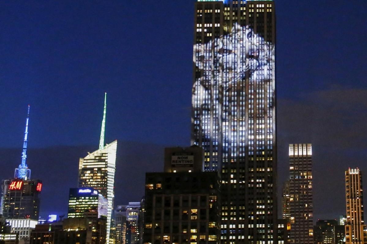 An image of an animal is projected onto the Empire State Building Empire State Building