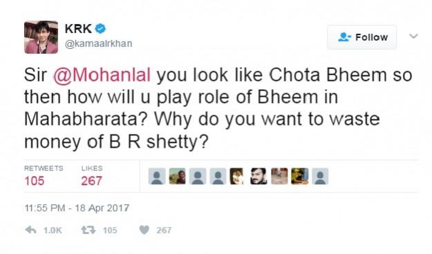 Kamaal R Khan's tweet on Mohanlal has irked the fans of the superstar. KRK, kamaal r khan, mohanlal, krk tweet on mohanlal, mohanlal chotta bheem