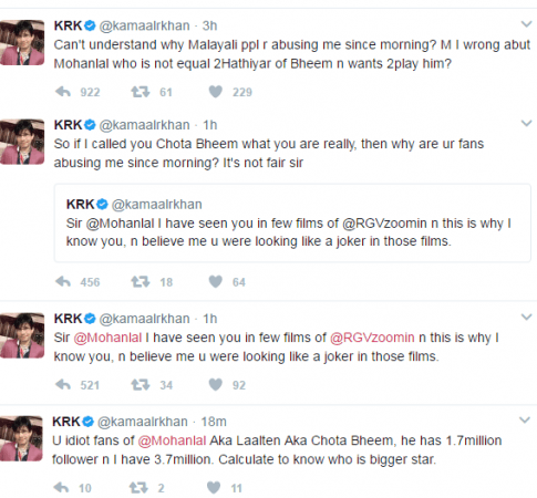 KRK's tweet on Mohanlal KRK, kamaal r khan, mohanlal, krk tweet on mohanlal, mohanlal chotta bheem