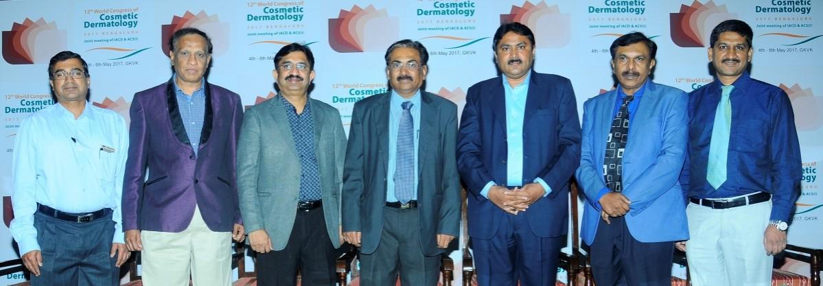 From left to right: T S Nagaraju, D A Satish, B S Chandrashekar, Venkataram Mysore, Raghunatha reddy, S C Rajendran, Umashankar Nagaraju were the dermatologists who had addressed the conference. skincare, hair care, dermatologists, press conference,