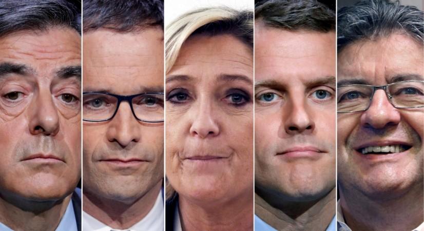 A combination picture shows five candidates for the French elections, from L-R, Francois Fillon, Benoit Hamon, Marine Le Pen, Emmanuel Macron, Jean-Luc Melenchon, in Paris French elections candidates