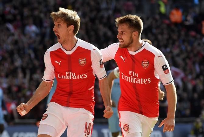 Nacho Monreal celebrates with Aaron Ramsey after scoring the equaliser, April 23, 2017 Nacho Monreal, Aaron Ramsey, Arsenal, Manchester City, FA Cup