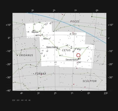 This chart shows the location of the faint red star LHS 1140 in the faint constellation of Cetus (The Sea Monster). This star is orbited by a super-Earth exoplanet called LHS 1140b, which may be best place to look for signs of life beyond the Solar System. The star is too faint to be seen in a small telescope. exoplanet, habitable, space, ESO, LHS 1140, red dwarf star,