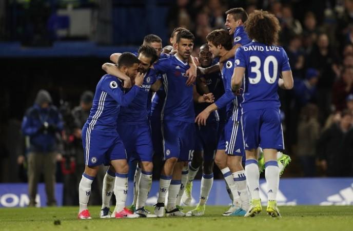 Chelsea players celebrate a goal scored by Diego Costa, April 25, 2017 Diego Costa, Chelsea, Southampton, EPL