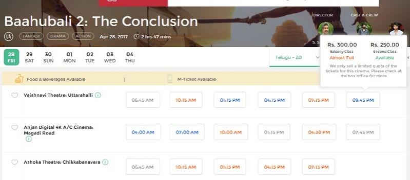 A screen shot of BookMyShow which indicates about the exorbitant ticket price for Baahubali 2 tickets. Baahubali 2 tickets sold in Bengaluru at fancy rates