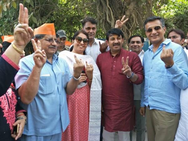 BJP's Manoj Tiwari at a polling booth in New Delhi. MCD Polls
