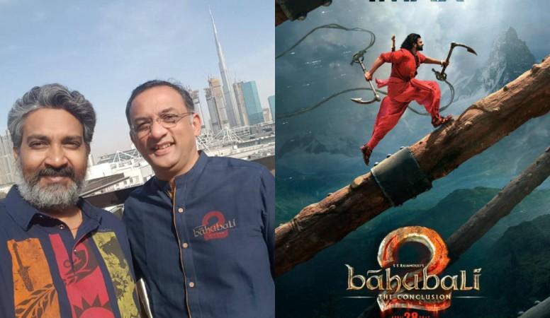 SS Rajamouli with Shobu Yarlagadda in Dubai; Baahubali 2 poster SS Rajamouli, Baahubali