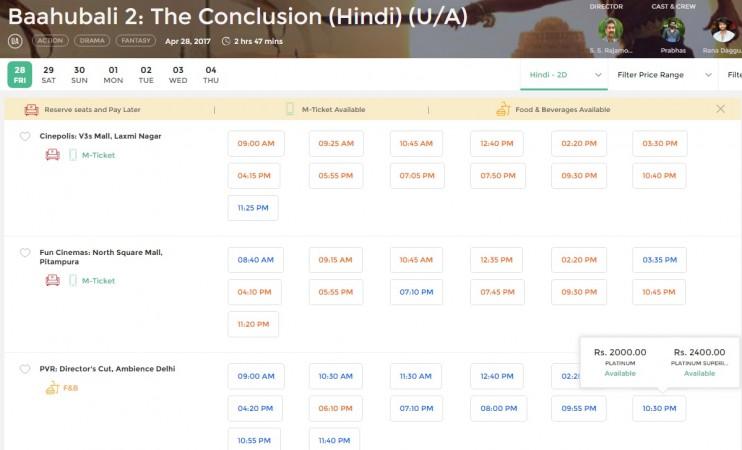 Screenshot of Bahubali 2 ticket price in Delhi. Bahubali 2 ticket price in Delhi