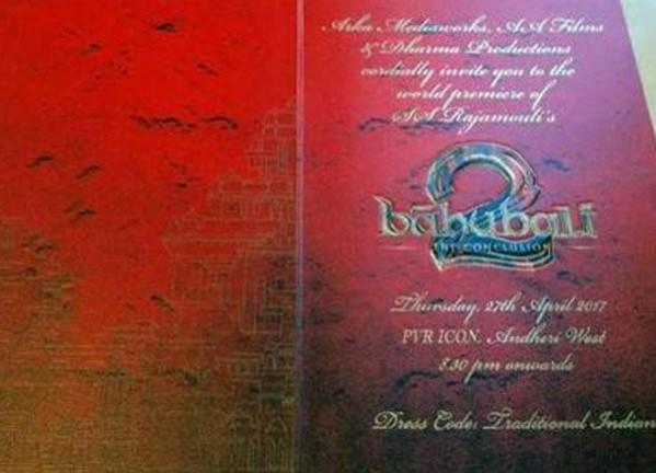 Baahubali 2 premiere invitation Baahubali 2, premiere invitation