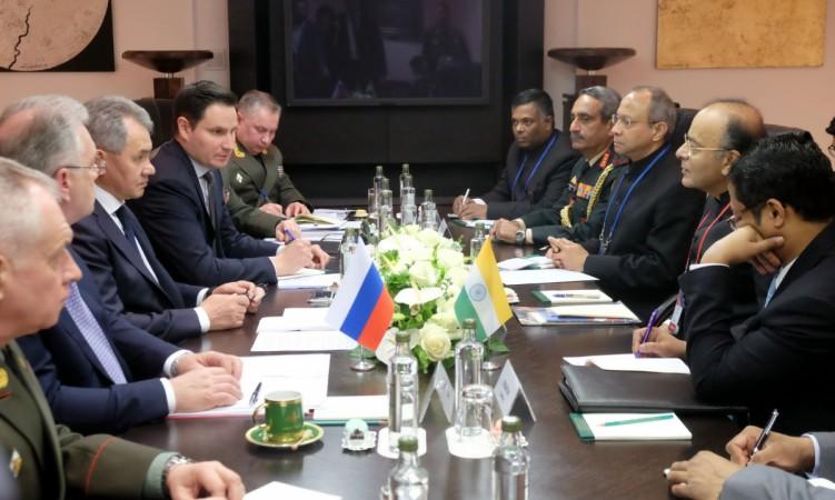 Arun Jaitley meeting the Russian Defence Minister, Sergei Shoigu, along with their respective delegates, on the sidelines of the 6th Moscow Conference on International Security, in Moscow on April 26, 2017. arun jaitley, 6th moscow conference on international security, indo russia defence ties, india, russia, defence talks