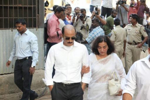 Akshaye Khanna and Vinod Khanna's first wife Geetanjali at the funeral Vinod Khanna funeral