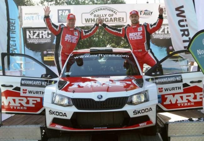 Gaurav Gill and co-driver Stephane Prevot after winning Rally of Whangarei, New Zealand 2017. Gaurav Gill, Rally of Whangarei, APRC