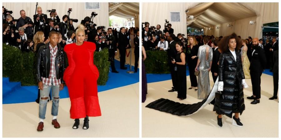Pharrell Williams and his wife Helen Lasichanh (L), Solange Knowles (R) Met Gala 2017